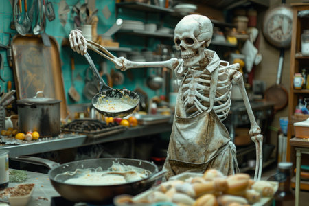 Skeleton wearing apron preparing food in kitchen.の素材