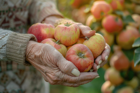 Senior farmer woman holding fresh apples harvestの素材