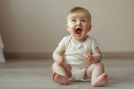 Adorable baby sitting on the floor and laughingの素材