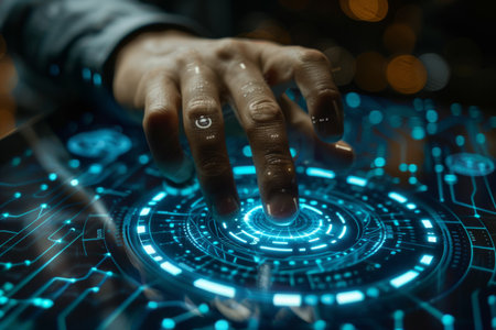 Businessman navigating futuristic holographic interface technologyの素材