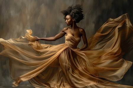 Fashion black woman posing wearing flowing dressの素材