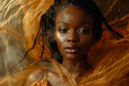 Beautiful black model posing with flowing orange fabricの素材