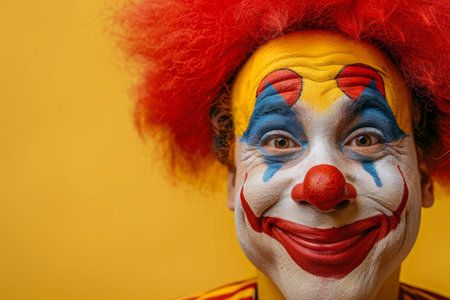 Happy clown with red wig and colorful makeup smiling. Copy space for textの素材