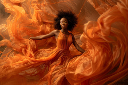 Fashion black woman posing wearing flowing dressの素材