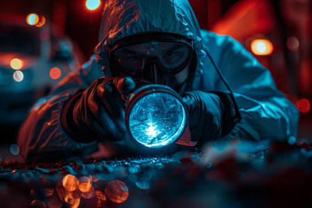 police forensic scientist collects evidence at a crime sceneの素材