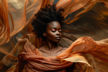 Beautiful black model posing with flowing orange fabricの素材