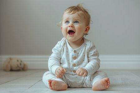 Adorable baby sitting on the floor and laughingの素材