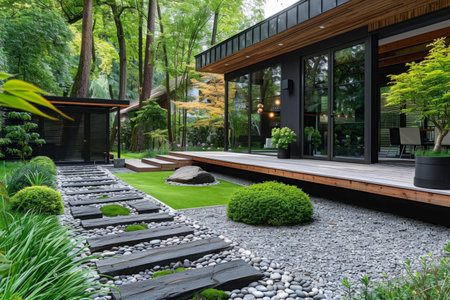 Modern house with flower beds and stone pathの素材