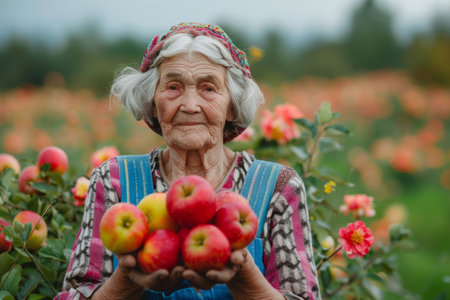 Senior farmer woman holding red apples harvest in orchardの素材