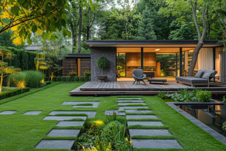 Modern house with flower beds and stone pathの素材