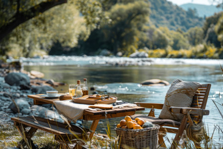 Wooden picnic table set for a lunch near the river in a sunny summer dayの素材