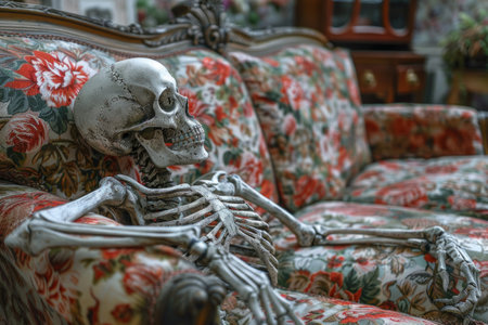 Skeleton on the couch in the living room watching TVの素材