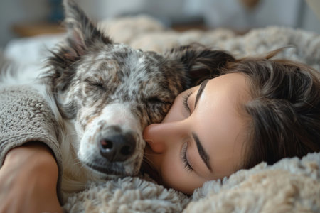 dog sleeping with its owner woman on a cozy sofaの素材