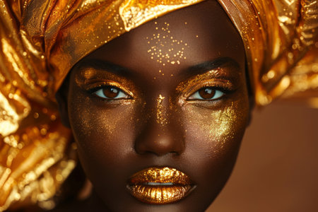Black woman with gold makeup and headscarfの素材
