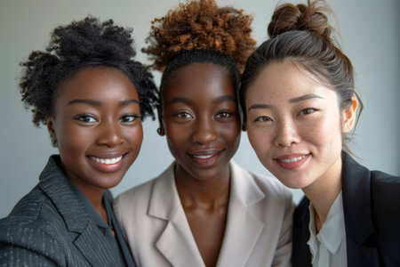 Three businesswomen smiling together in officeの素材