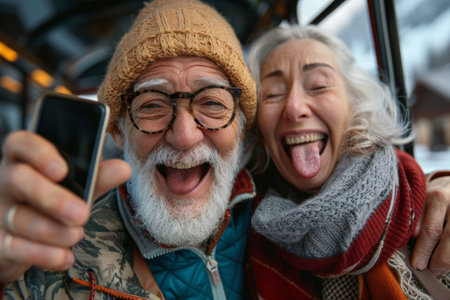 Selfie of a happy senior couple gigglingの素材