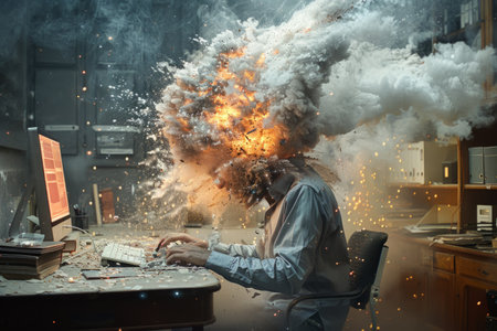 Stressed businessman workaholic working late with his head on fireの素材