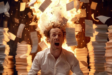 businessman workaholic working overtime with his head on fire in officeの素材