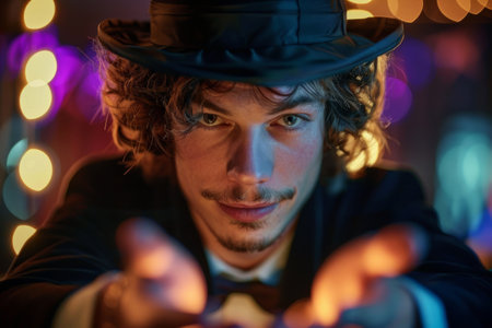 Magician creating light magic effectの素材