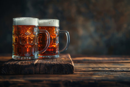 Two mugs of cold beer are standing on wooden table. Copy space for textの素材