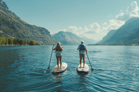 Two senior women stand up paddle boarding on calm lake with mountain landscapeの素材