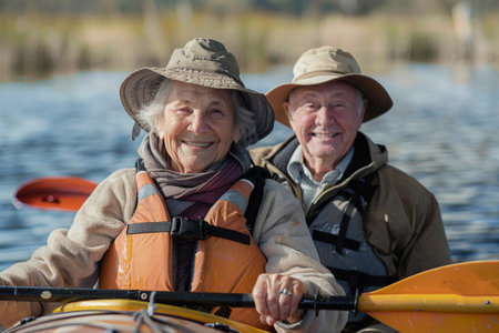 Happy elderly couple kayaking in riverの素材