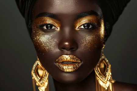 Fashion portrait of a beautiful black girl with golden makeupの素材