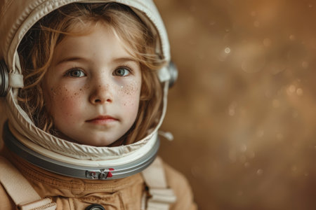 Young astronaut wearing space on brown backgroundの素材