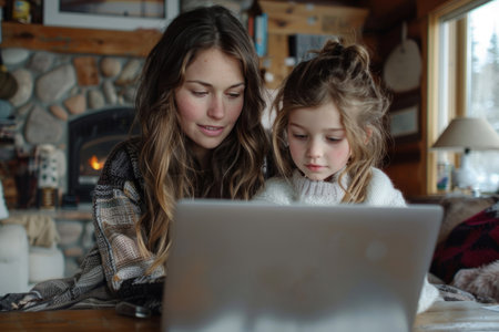 Young mother and daughter watching a movie on laptop at homeの素材