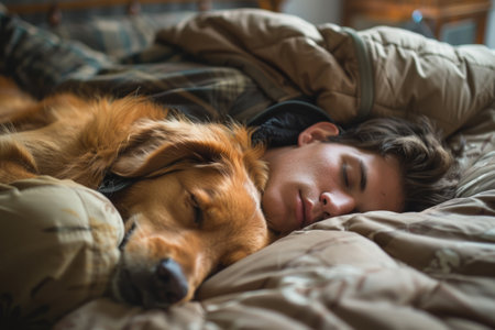 Man sleeping in bed with dog, enjoying peaceful moment of restの素材