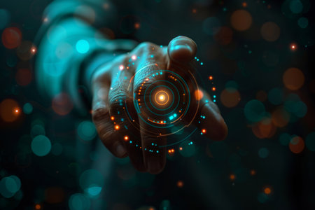 Businessman navigating neon virtual hologram interfaceの素材