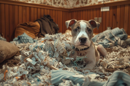 dog sitting in a ruined living room looking sadの素材