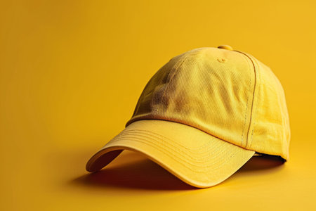 Yellow baseball cap lying on a yellow backgroundの素材