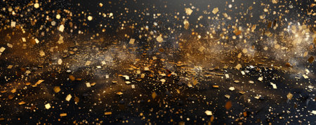 Golden glitter creating a festive bokeh effect over a black backgroundの素材