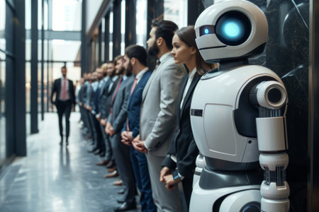 Humanoid robot standing in line with business peopleの素材