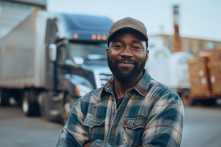 Truck driver smiling with arms crossed in front of truckの素材
