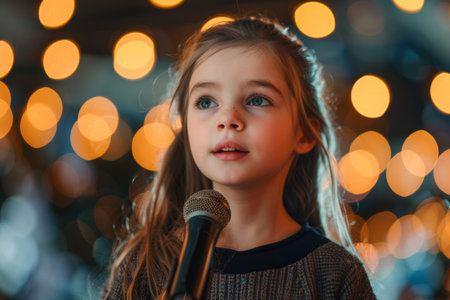 Little girl singing into microphone on stage with lightsの素材