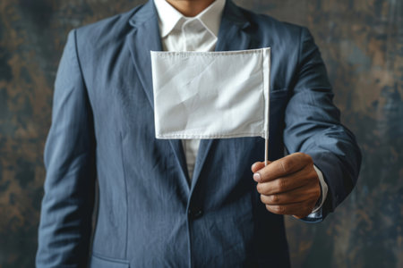 Businessman holding a white flag of surrender or peaceの素材