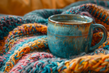 Steaming cup of coffee resting on a colorful knitted blanketの素材