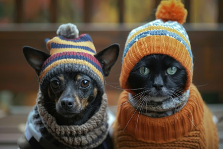 dog wearing knitted clothes sitting near catの素材