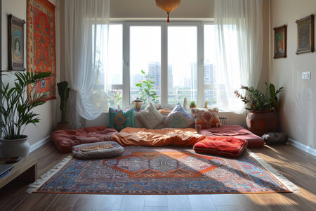 Spacious oriental style living room interior with big windowの素材