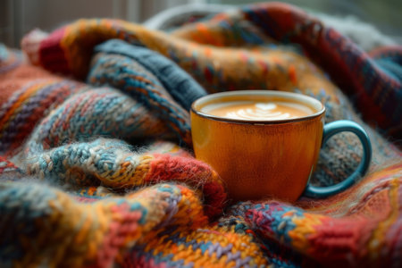 Steaming cup of hot beverage on a knitted blanketの素材