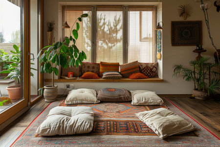 Spacious oriental style living room with big windowの素材