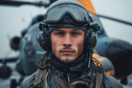 Military pilot wearing headset and helmet standing near helicopterの素材