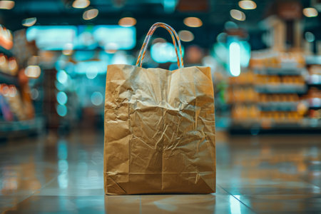 Brown paper bag standing on floor in supermarketの素材
