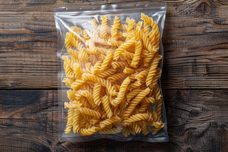 Vacuum sealed bag of rotini pasta lying on wooden tableの素材