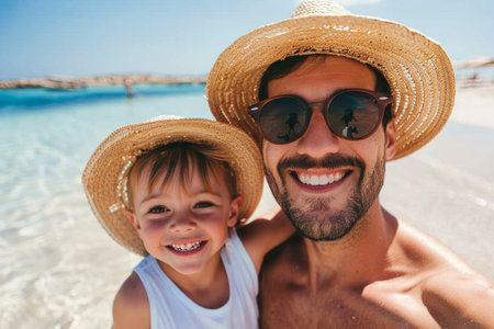 Father and son wearing straw hats taking selfie on beachの素材