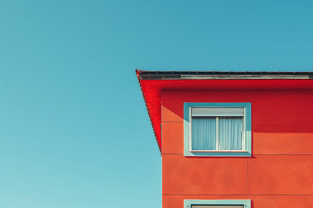 Modern minimalist red house facade with teal window frame detailing a clear blue skyの素材