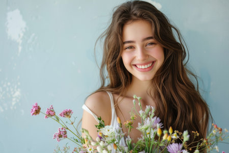 Beautiful woman smiling and holding a bouquet of flowersの素材