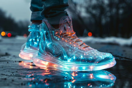 Man wearing glowing sneakers walking in city at nightの素材